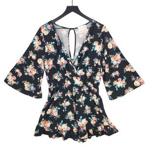 French Grey Romper Junior's Size Large Black Peach Floral Boho Flowy Faux Wrap